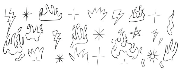 Fototapeta premium Set of handdrawn doodle elements including flames, lightning bolts, stars, and sparkles isolated on white background