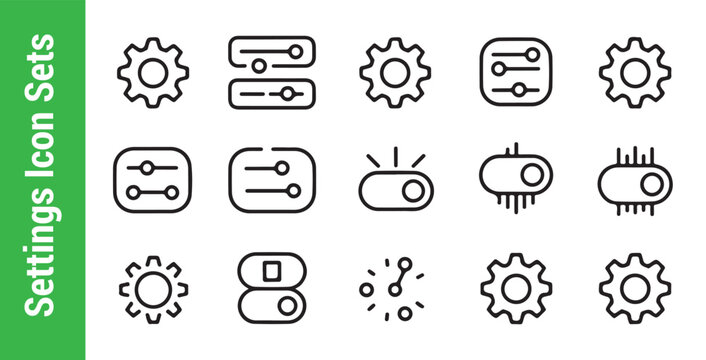 Set of fifteen thin outline settings icons featuring various gear wheels and slider controls for digital interfaces.