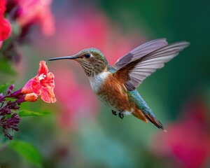Obraz premium A dynamic shot of a hummingbird hovering in mid-air, its wings a beautiful blur, as it drinks nectar from a vibrant red flower.