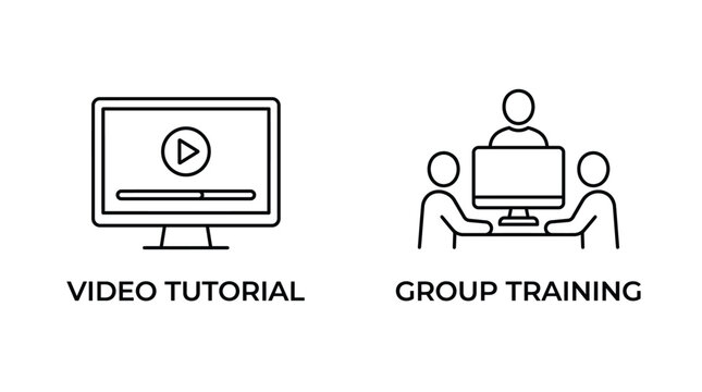 Vector graphic illustration of Black line icons of video tutorial and group training Vector