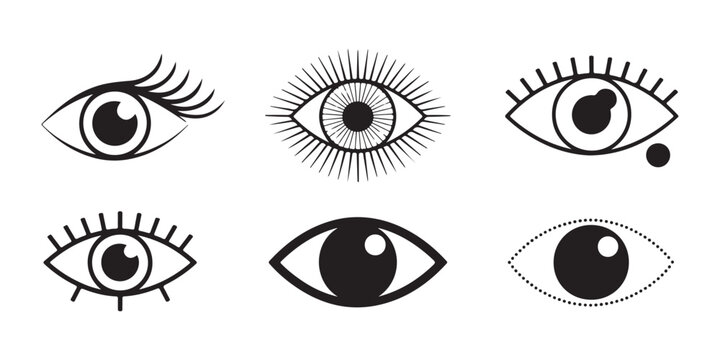 Decorative eye illustrations featuring long lashes teardrop and abstract sunburst patterns for artistic themes.