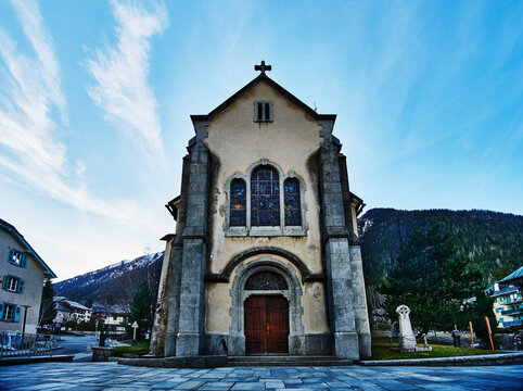 Facade of the &Eacute;glise Saint-Michel de Chamonix, a historic 18th century church in the heart of Chamonix-Mont-Blanc, France, Europe 