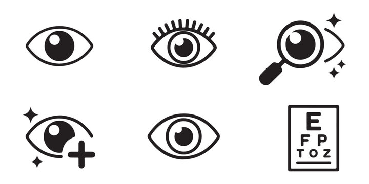 Ophthalmology and optometry icons with eye test chart magnifying glass and sparkling healthy vision symbols.