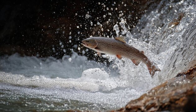A dynamic shot of a salmon leaping up a waterfall in a forest stream, determination and the cycle of life.