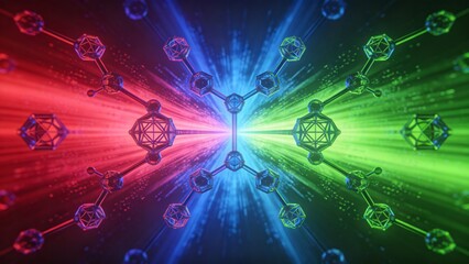 Obraz premium Futuristic neon molecule model on dark background. Science technology and innovation background