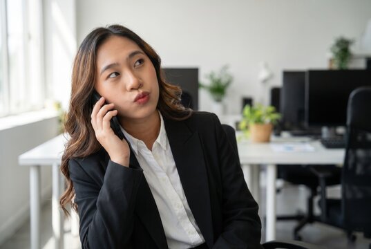 Young asian businesswoman using mobile phone in a modern office looking bored or doubtful