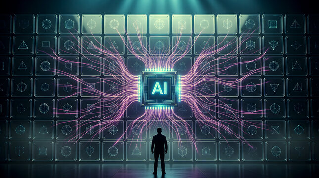 AI Transparency Report Worker At Open Wireframe Wall for AI Transparency Whitepaper