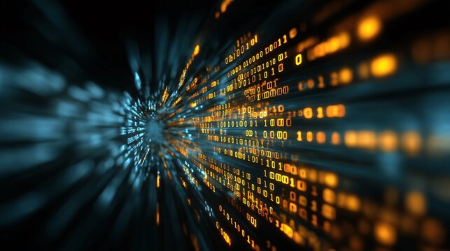 Close-up of glowing binary code digital data stream with motion blur effect