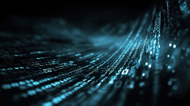 Abstract digital data flow with glowing binary code in dark space