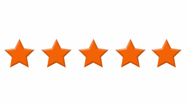 Five star rating animation on white background, customer satisfaction feedback concept five stars review