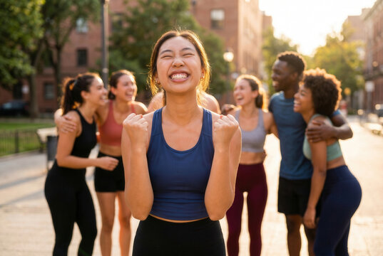 Diverse group of friends celebrating fitness achievement and health together outdoors