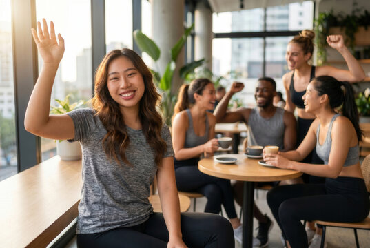 Diverse friends in activewear enjoying coffee and conversation after workout in a modern cafe