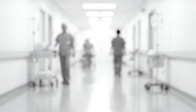 A blurred image of a hospital corridor with healthcare professionals walking. The bright lighting and sterile environment create a clinical atmosphere.