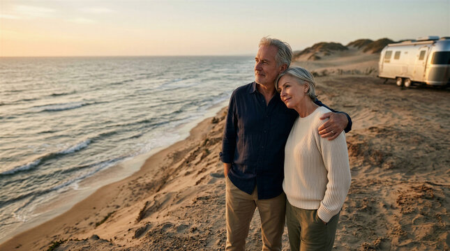 Romantic senior couple embracing on a sandy beach at sunset with their camper van.