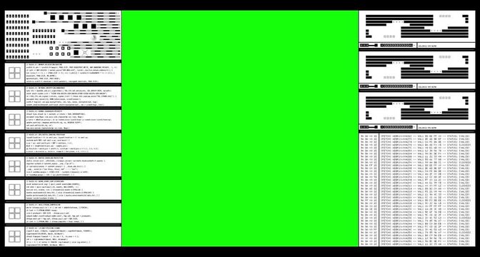 Sci-fi digital computer screen with technical text data and green screen placeholder