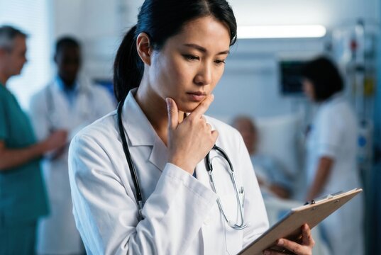 Asian doctor analyzing patient information, considering treatment options in a hospital