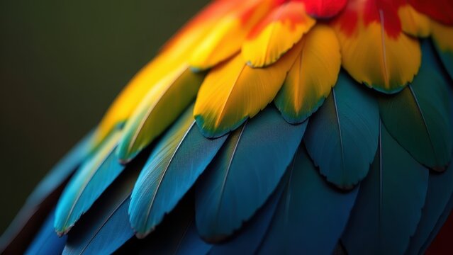 Macro vivid multicolor tropical parrot feathers close-up, glowing bokeh dark background