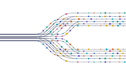 Plakat Colorful data stream with curved lines and vibrant particles flowing across light background, representing digital communication, big data transfer, fast connectivity, and modern technology concept.