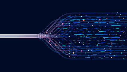 Dynamic data flow network with glowing lines and colorful particles on dark background, representing technology, big data, communication speed, and digital connectivity concept.