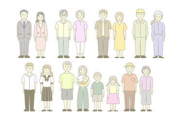 地域社会の人々と多世代家族の全身イラスト集　笑顔 © kipo