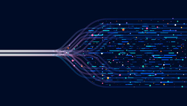 Dynamic data flow network with glowing lines and colorful particles on dark background, representing technology, big data, communication speed, and digital connectivity concept.