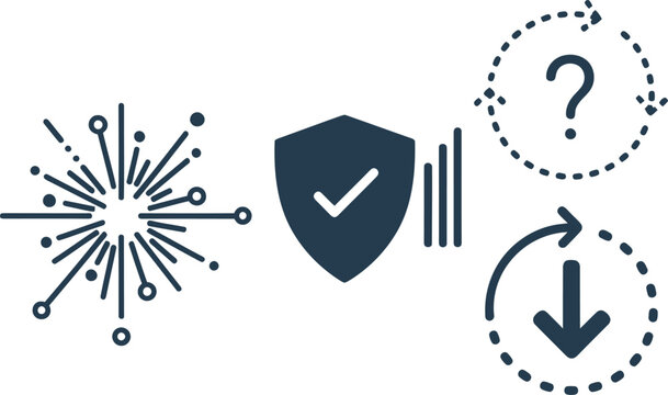 Cybersecurity protection shield with question mark and data flow in dark blue minimalist style for business technology Isolated on white background