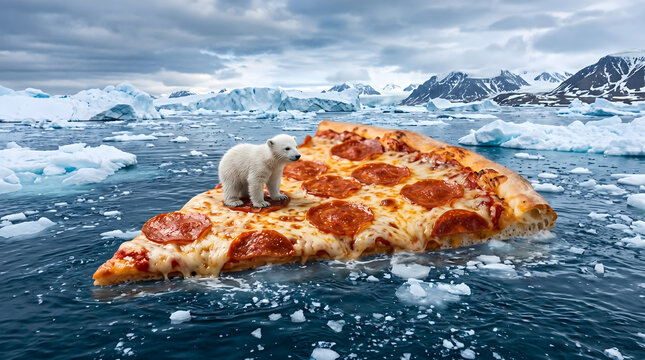 Polar Bear on Pizza: A tiny polar bear standing on a giant slice of pepperoni pizza floating in an icy sea.