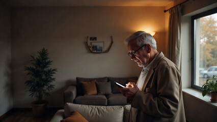 Fototapeta premium Senior man using smartphone for smart home control in living room