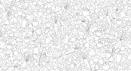 Obraz premium Detailed hand drawn doodle background with various fresh organic vegetables and fruits.