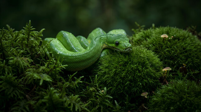 Snake in Moss: A bright green snake coiled in soft, "Squishy" "Night Moss." "All the Feels" sensory immersion.