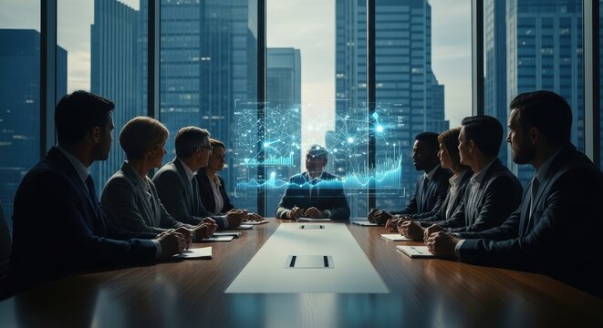Strategic business corporate meeting leaders collaborating in modern office with city skyline view