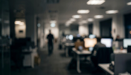 Fototapeta premium A blurred view of an office environment with dim lighting. Desks are occupied with computer monitors, and people are quietly working in a collaborative space.