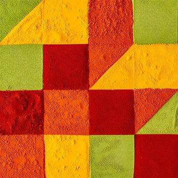 Colorful spice powders arranged in geometric squares and triangles with diagonal lines