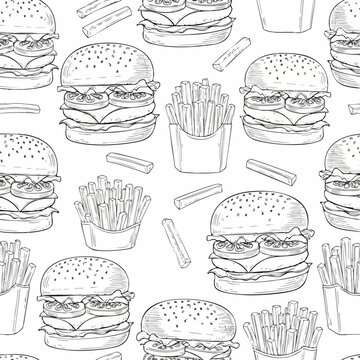 Seamless Hand Drawn Fast Food Pattern with Burgers and Fries.
