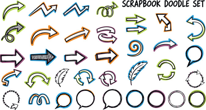 Hand drawn colorful scrapbook doodle set featuring various arrows speech bubbles circles and decorative feathers for creative design projects vector illustration