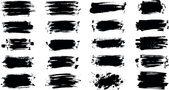 Black ink brush strokes set with grunge texture paint splashes hand drawn charcoal smears artistic messy drips and rough edges vector illustration