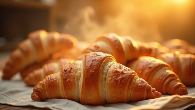 Freshly baked vivid golden croissants tumbling onto linen, warm glowing bokeh bakery background, steam wisps