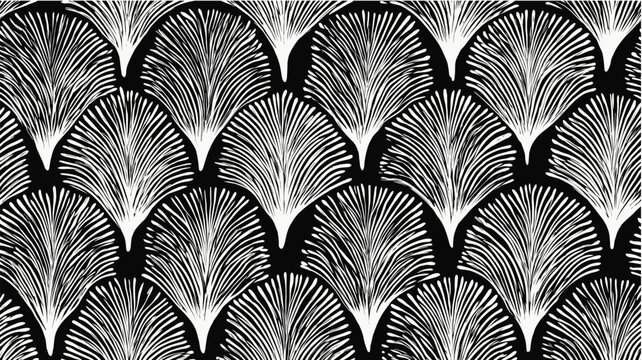 Art deco style seamless pattern with abstract feathers. Repeating white abstract feather shapes forming a stylized black and white pattern