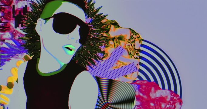 Pop art portrait of woman in sunglasses with abstract liquid and geometric shapes