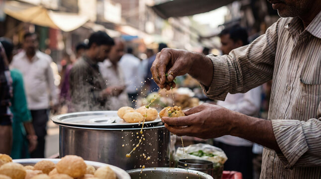 Indian Street Food Vendor Preparing Fresh Pani Puri in Busy Market
