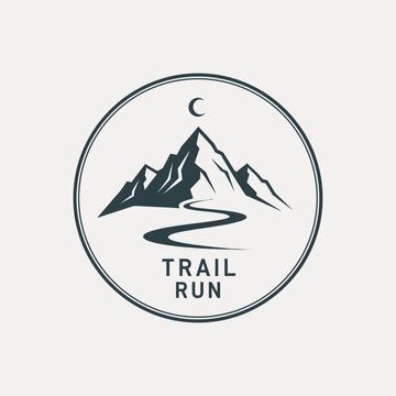 Trail running logo with mountain landscape.