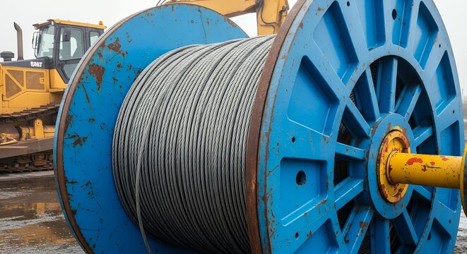 Blue industrial cable spool with rusted metal drum. Yellow crane arm partially visible in background. Grey steel cable wound tightly around the spool. Industrial site setting with wet ground surface