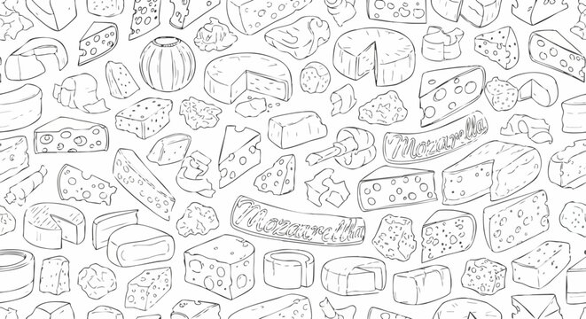 Seamless pattern with various types of cheese sketches.