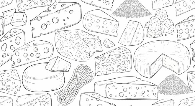 Seamless pattern of various types of cheese sketches.