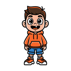 Fototapeta premium Cartoon boy wearing orange hoodie and blue shorts.