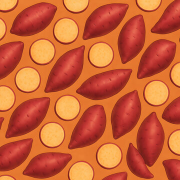 Seamless pattern of fresh whole sweet potatoes and slices on vibrant orange background.generated by AI.