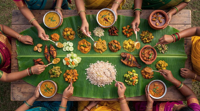 Top View of People Sharing a Traditional Indian Feast on Banana Leaf