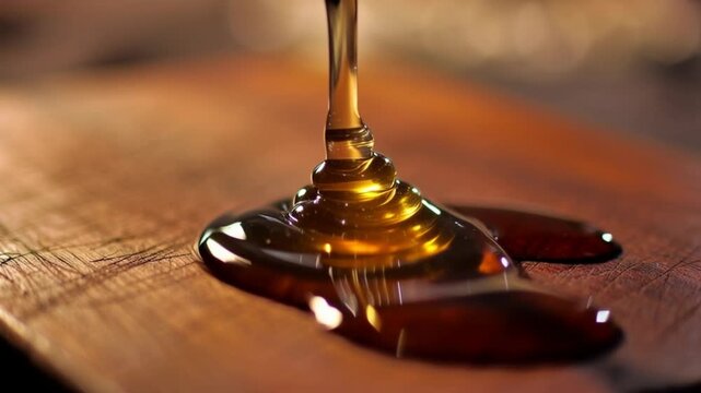 Golden honey being slowly poured onto wooden cutting board with warm lighting and viscous flow forming pools in slow motion
