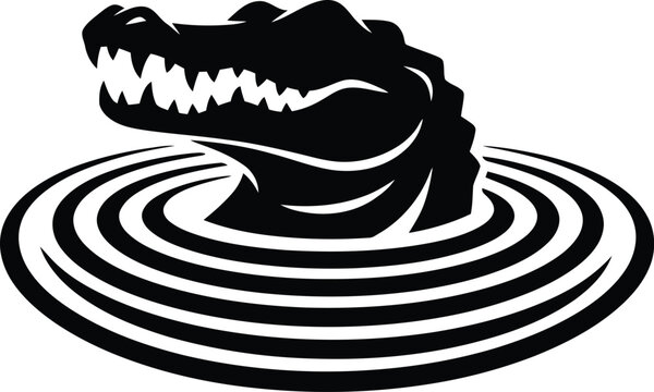Crocodile head in black silhouette with concentric ripples in dark monochrome for wildlife or danger symbol Isolated on white background