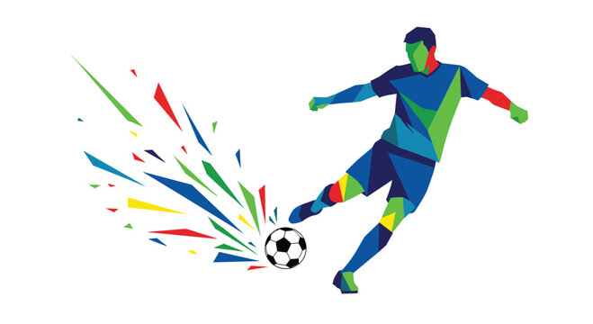 Abstract geometric soccer player kicking a ball with colorful shards of energy exploding outwards, representing dynamic motion and impact.